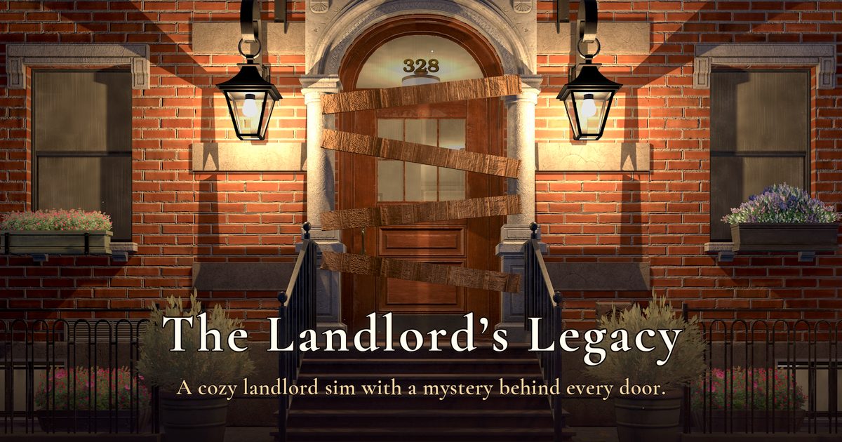 Key art for The Landlord's Legacy: a boarded-up brownstone door between two lanterns